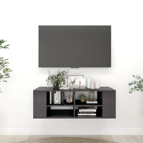 væghængt tv-bord 102x35x35 cm konstrueret træ grå højglans