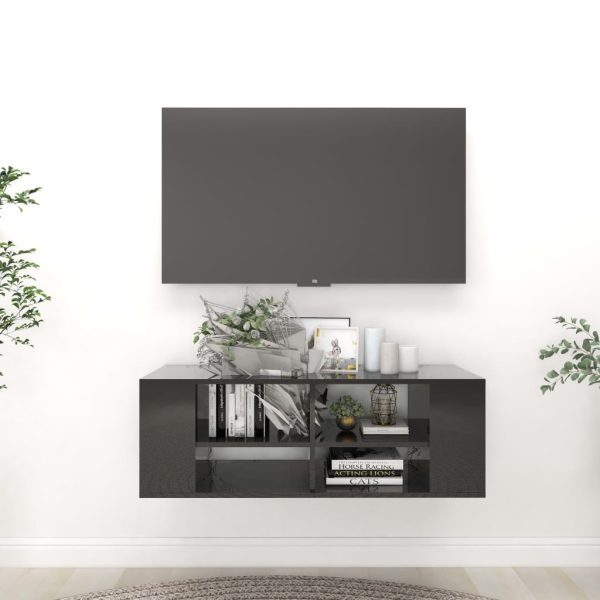 væghængt tv-bord 102x35x35 cm konstrueret træ sort højglans