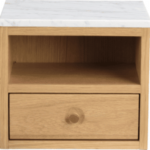 Sengebord og natbord Rowico Whitmore væghængt i lakeret eg med hvid marmortop